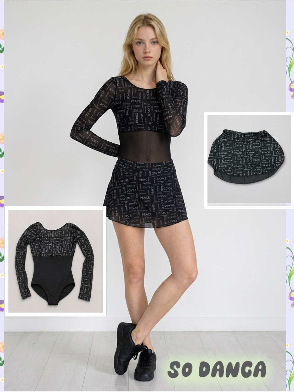 Set of So Danca Black “LOVE” Print Mesh Dance Leotard (M)+ Matching Skirt (S) -